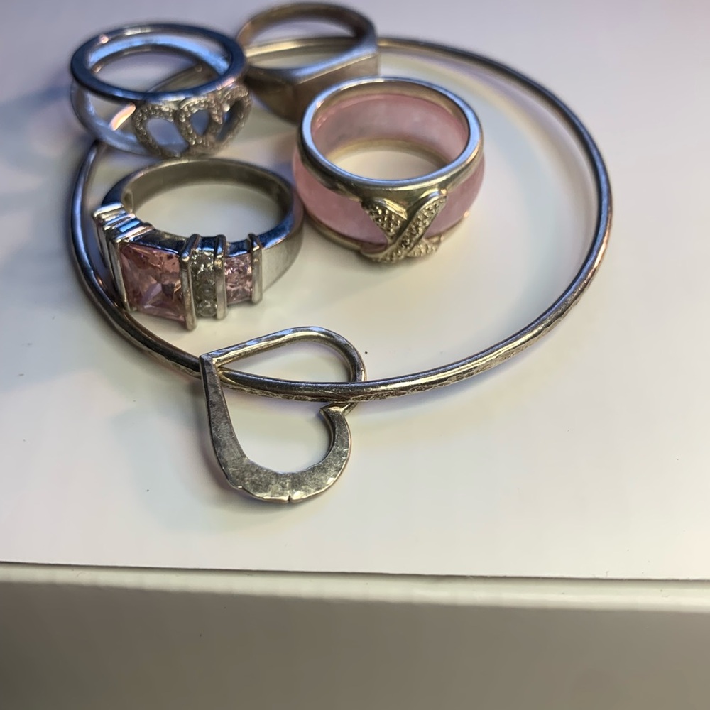 Silver 925Tone Pink Enamel and Crystal Ring Set. All 4 rings marked 925. Tested